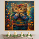 Christmas Kitten with Bow in Colorful Sweater Adorable Holiday Cat Painting Festive Winter Lights Scene for Cozy Home Office Seasonal Decoration or Gift on Ready to Hang 1.5" Thick Canvas Wrap, Floating Framed Canvas, Flat Rolled Canvas